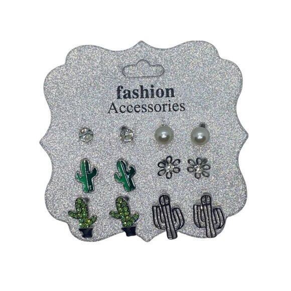 NWT 6-Pack Silver-Tone Green Cactus Rhinestone Pearl Earrings  New with tags - Picture 1 of 7